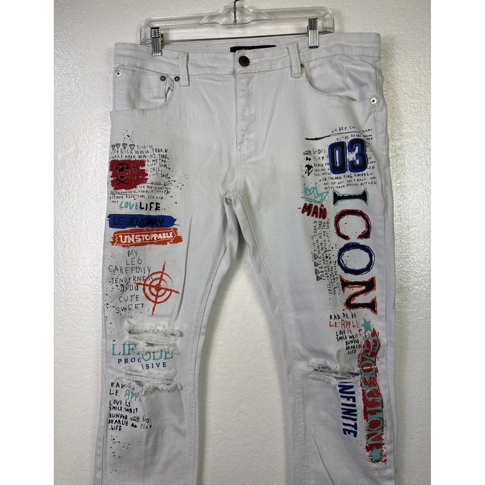 Copper Rivet Graffiti Jeans‎ Mens 36x32 Streetwear Skull Distressed Hip Hop Art